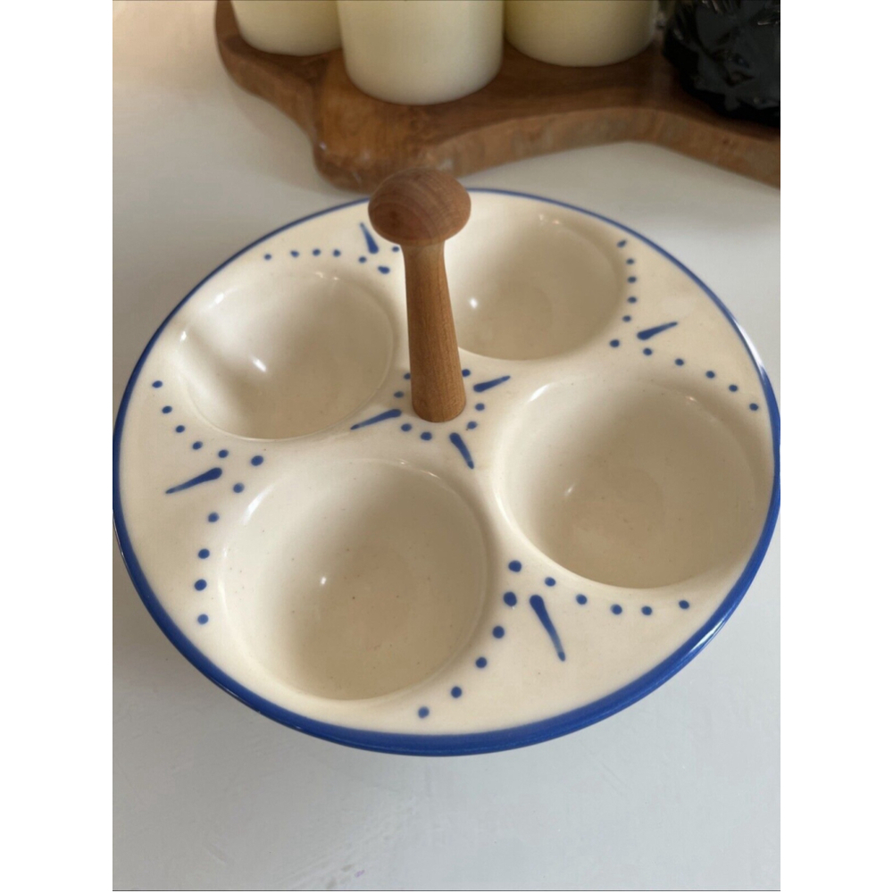 Vintage 4 Section Ceramic Egg Cradle Or Dip Dish Blue & White Signed